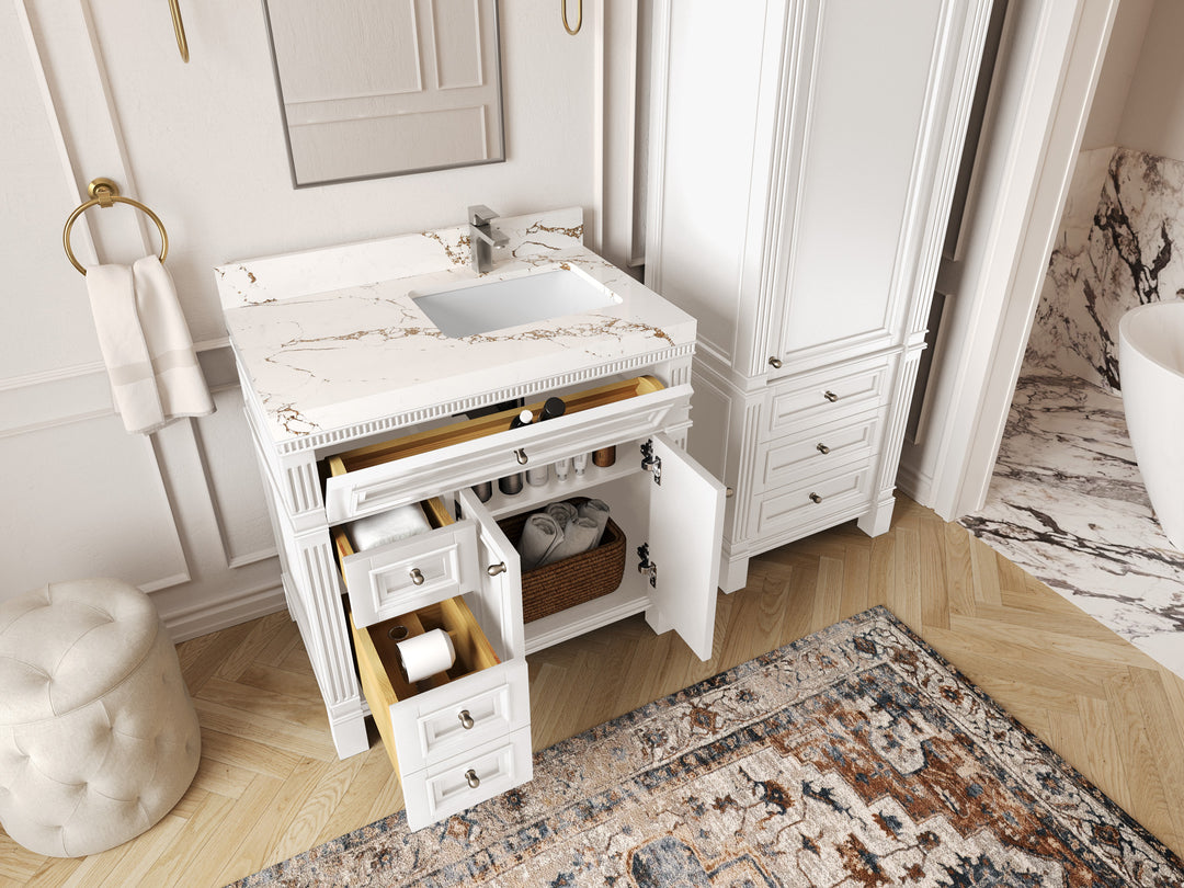 Paris 36 in. W x 22 in. D Right Offset Sink Bathroom Vanity in  White with Countertop - Side view Open drawer 