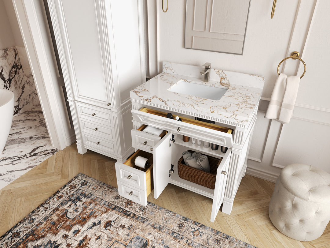 Paris 36 in. W x 22 in. D Center Sink Bathroom Vanity in  White with Countertop - Side view Open drawer 