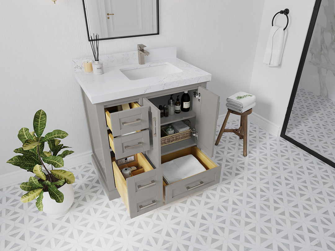 Boston 36 in. W x 22 in. D Single Sink Bathroom Vanity in Elephant Skin Gray with Countertop - Side View Open Drawer