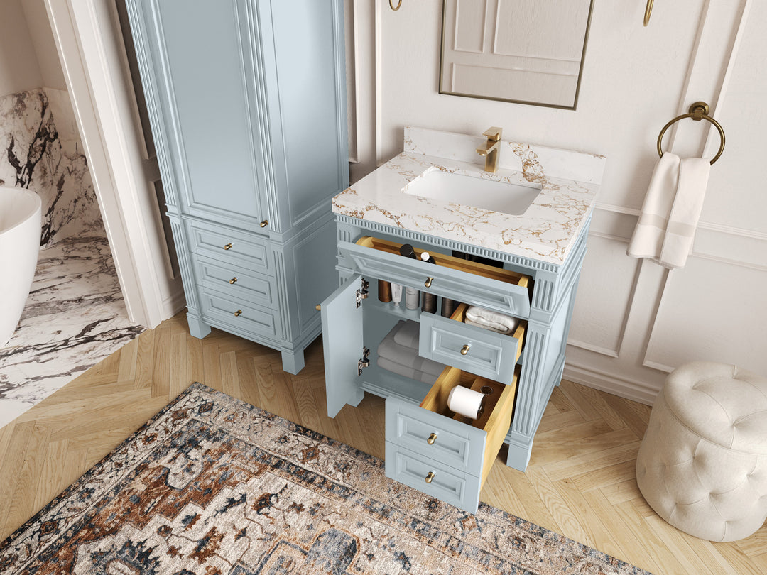 Paris  30 in. W x 22 in. D Single Sink Bathroom Vanity in Blue  with Countertop - Side view Open drawer 