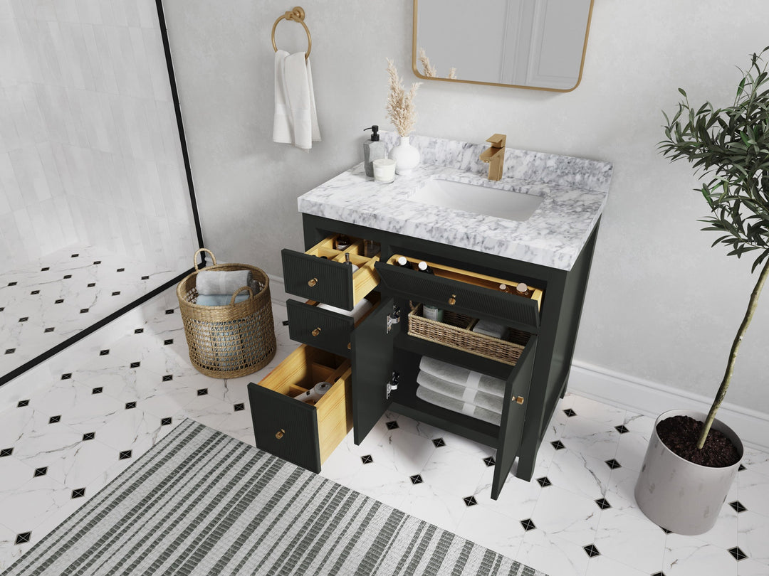 Sonoma 36 in. W x 22 in. D Right Offset Sink Bathroom Vanity in Black Top with countertop - Side View Open Drawer