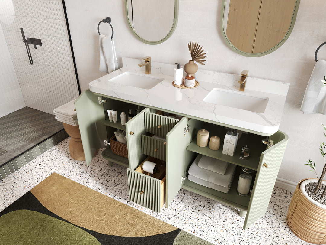 Miami 60 in. W x 22 in. D Double Sink Bathroom Vanity in Evergreen with Countertop - Side View Open Drawer