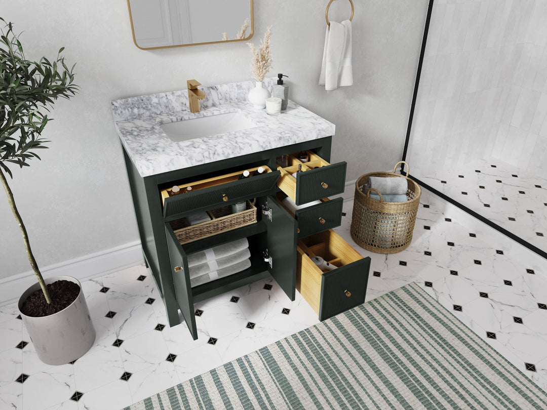 Sonoma 36 in. W x 22 in. D Left Offset Sink Bathroom Vanity in Dark Forest Green with countertop - Side View Open Drawer