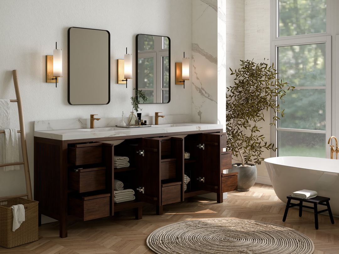 Elizabeth Teak 84 in. W x 22 in. D Double Sink Bathroom Vanity in Dark Walnut with Countertop - Side View Open Drawer