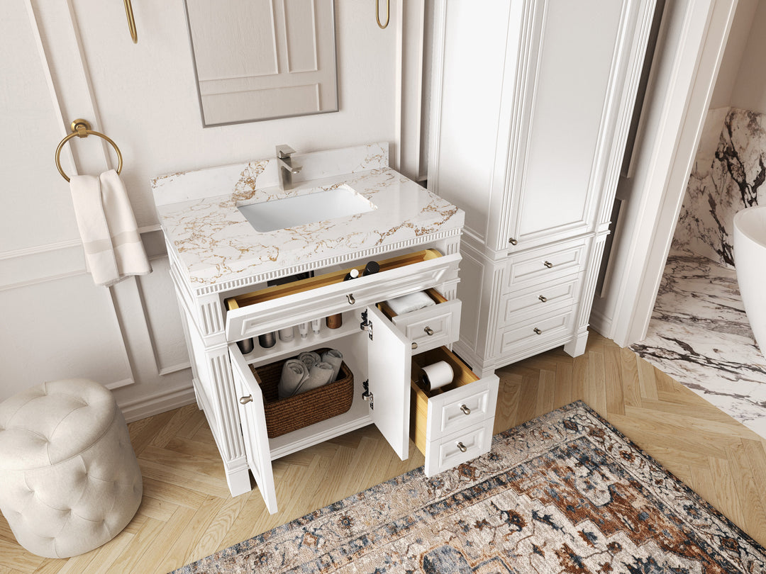 Paris 36 in. W x 22 in. D Center Sink Bathroom Vanity in  White with Countertop - Side View 