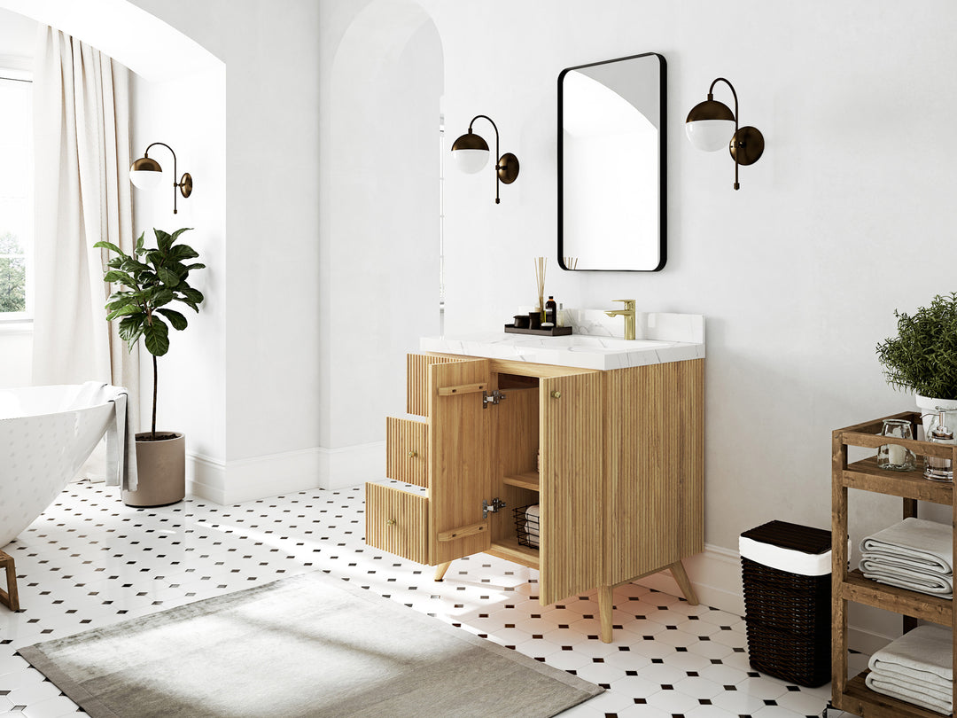 Pasadena Teak Wood 36 in. W x 22 in. D Right Offset Sink Bathroom Vanity