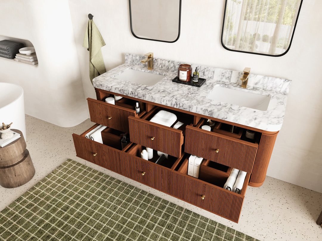 Hampton Floating Teak 60 in. W x 22 in. D Double Sink Bathroom Vanity with Countertop - Side View Open Drawer
