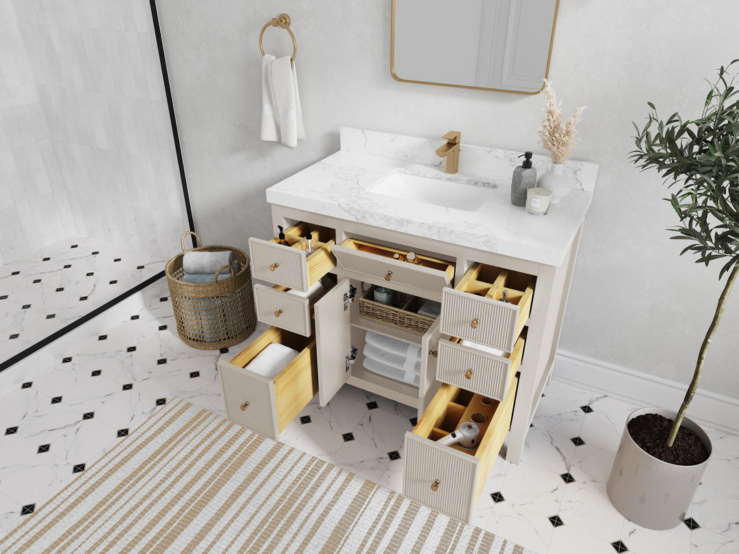 Sonoma 42 in. W x 22 in. D Single Sink Bathroom Vanity in Fine Grain with countertop - Side View Open Drawer