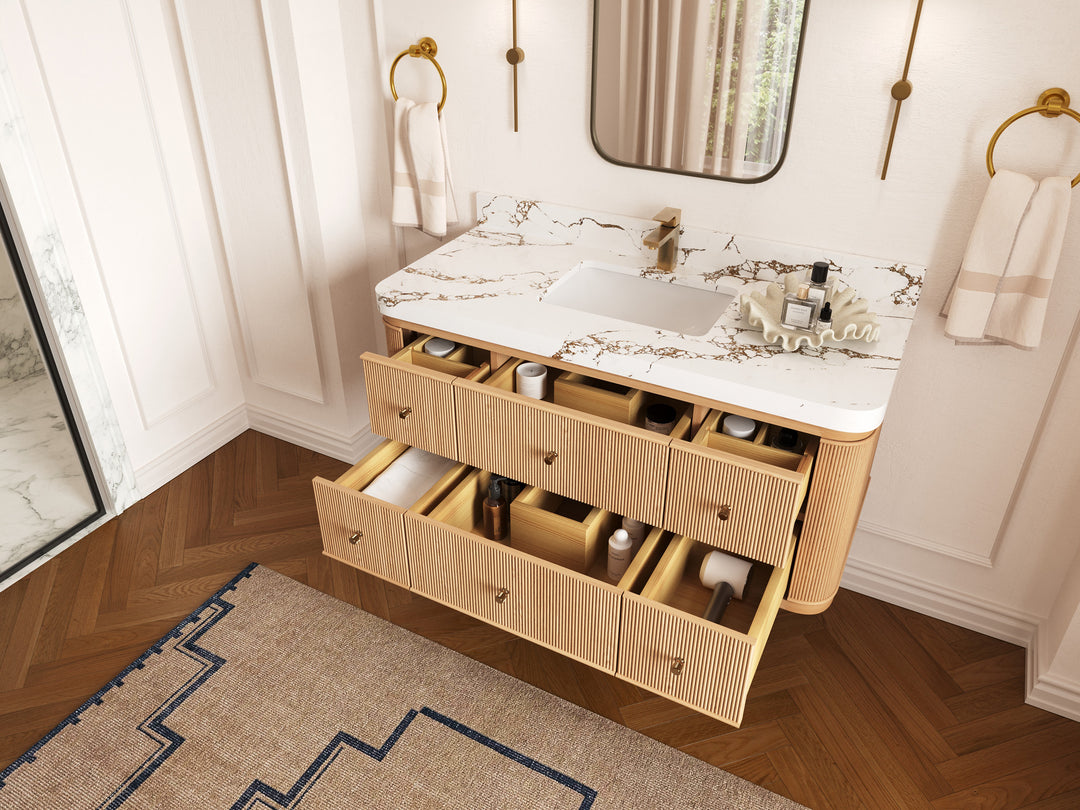 Hampton Floating White Oak 48 in. W x 22 in. D Single Sink Bathroom Vanity with Countertop - Side View Open Drawer