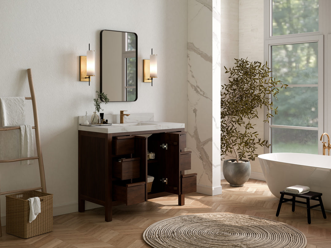 Elizabeth Teak 42 in. W x 22 in. D Single Sink Bathroom Vanity in Dark Walnut with Countertop - Side View Open Drawer