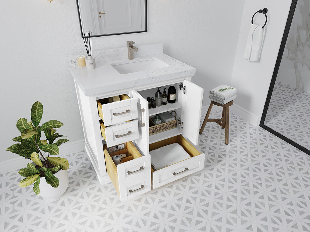 Boston 36 in. W x 22 in. D Single Sink Bathroom Vanity in White with Countertop - Side View Open Drawer