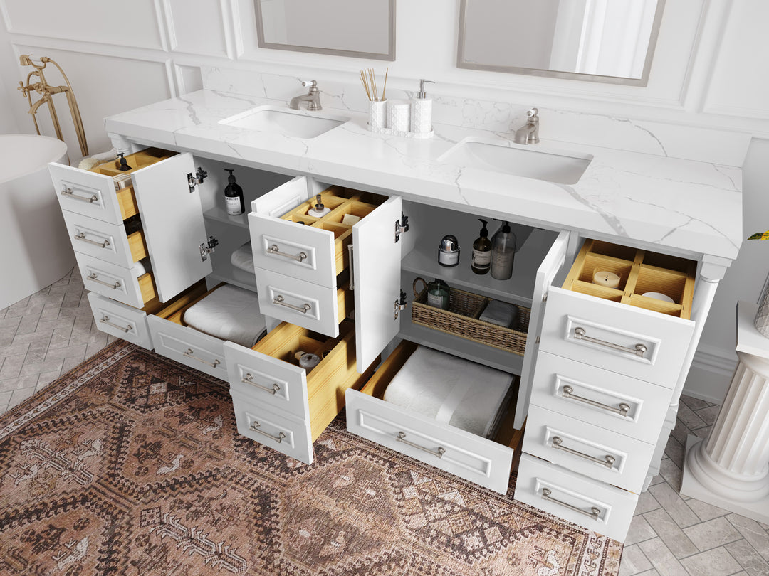 Aberdeen 84 in. W x 22 in. D Double Sink Bathroom Vanity in White with Countertop - Side view Open drawer 