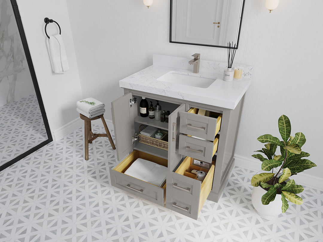 Boston 36 in. W x 22 in. D Single Sink Bathroom Vanity in Elephant Skin Gray with Countertop - Side View Open Drawer