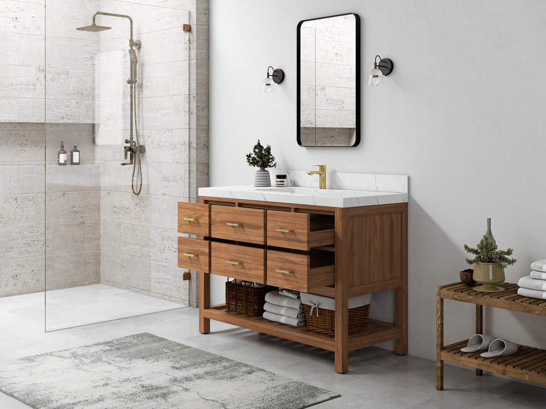 Parker Teak  48 in. W x 22 in. D Single Sink Bathroom Vanity in Golden  with Countertop - Side view Open drawer 