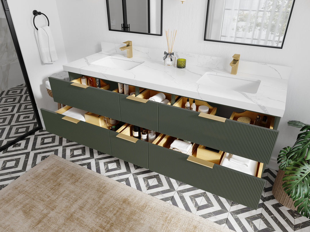 Catalina 72 in. W x 22 in. D Double Sink Bathroom Vanity in Pewter Green with Countertop - Side View Open Drawer