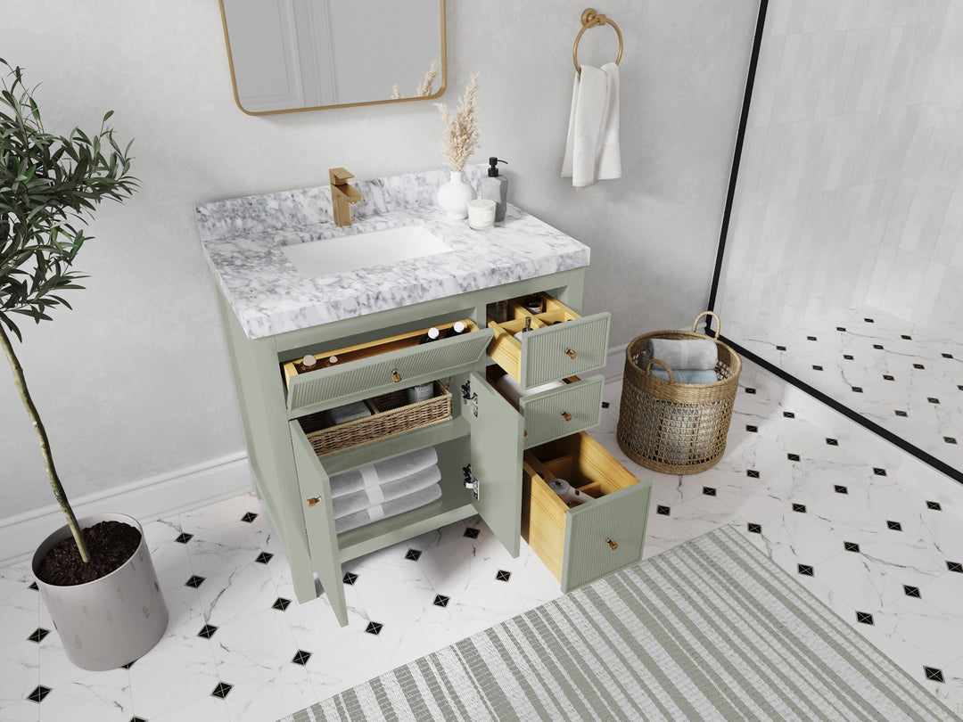 Sonoma 36 in. W x 22 in. D Left Offset Sink Bathroom Vanity in Evergreen with countertop - Side View Open Drawer