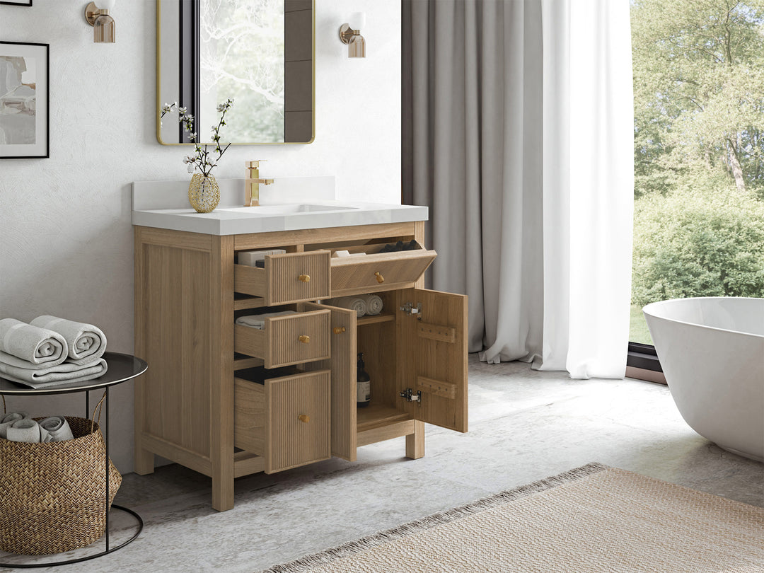 Teak Wood Bath Vanity – 36" W x 22" D, Sonoma Collection, Center Sink