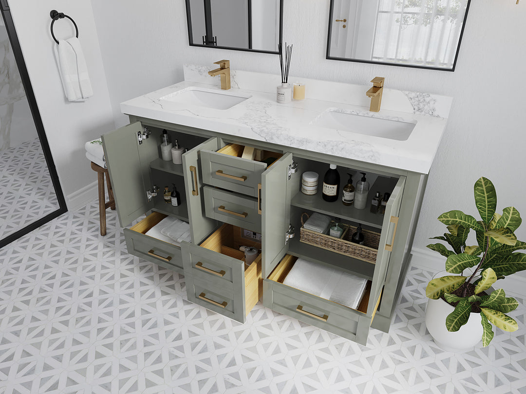 Boston 60 in. W x 22 in. D Double Sink Bathroom Vanity in Evergreen with Countertop - Side View Open Drawer