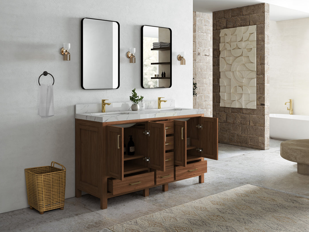 Malibu Teak Wood 60 in. W x 22 in. D Double Sink Bathroom Vanity