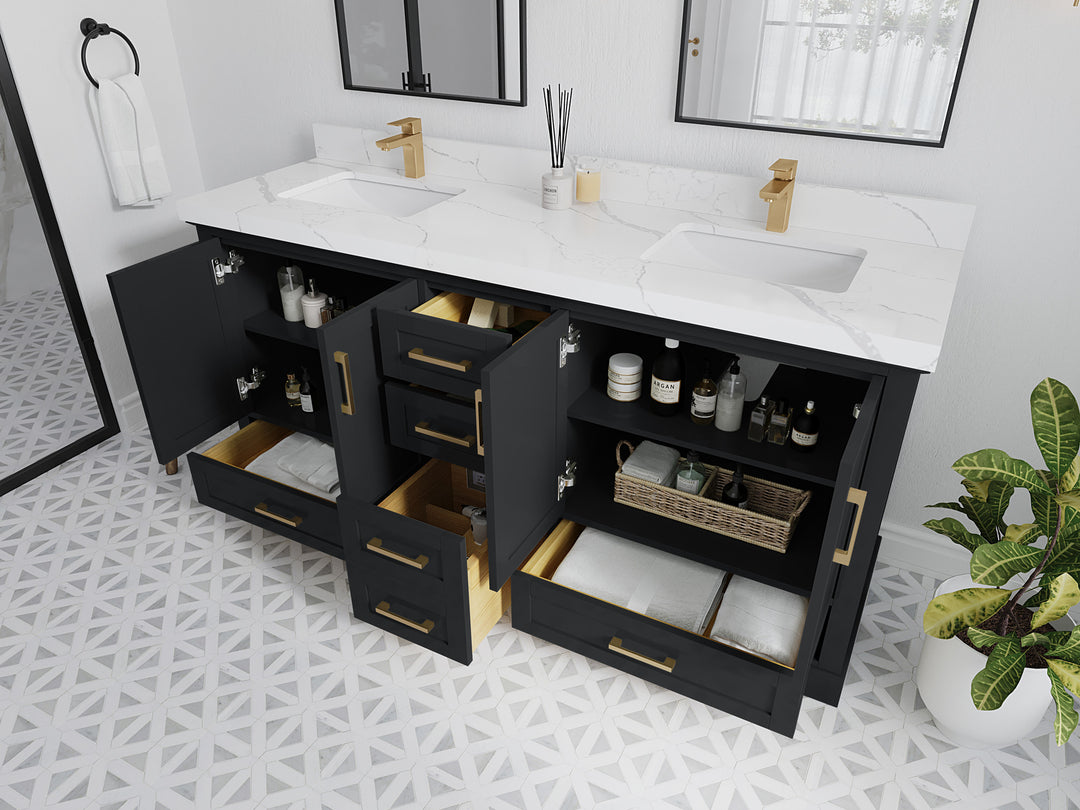Boston 72 in. W x 22 in. D Double Sink Bathroom Vanity in Wrought Iron with Countertop - Side View Open Drawer