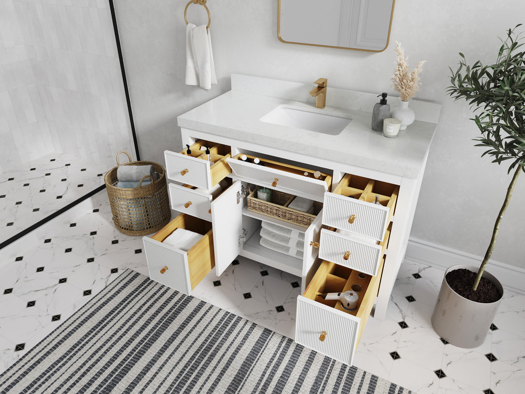 Sonoma 48 in. W x 22 in. D Single Sink Bathroom Vanity in White with countertop - Side View Open Drawer