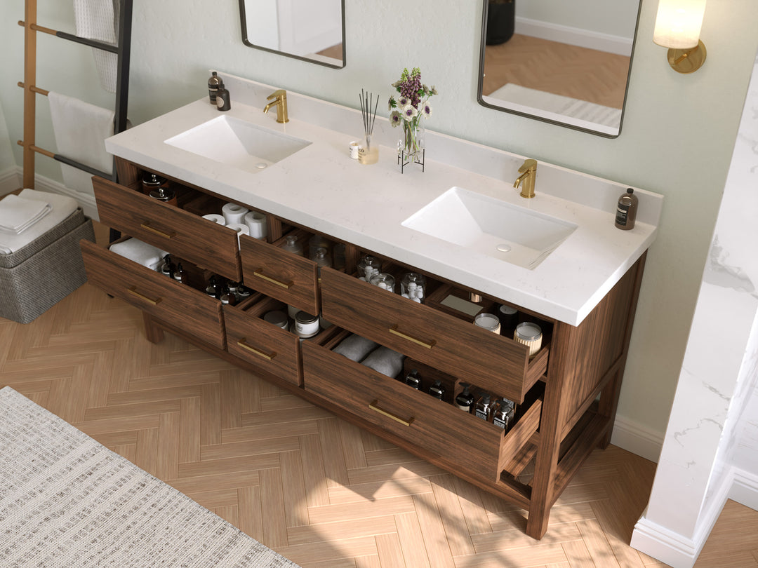 Parker Teak 72 in. W x 22 in. D Double Sink Bathroom Vanity in Dark Walnut with Countertop - Side view Open drawer 