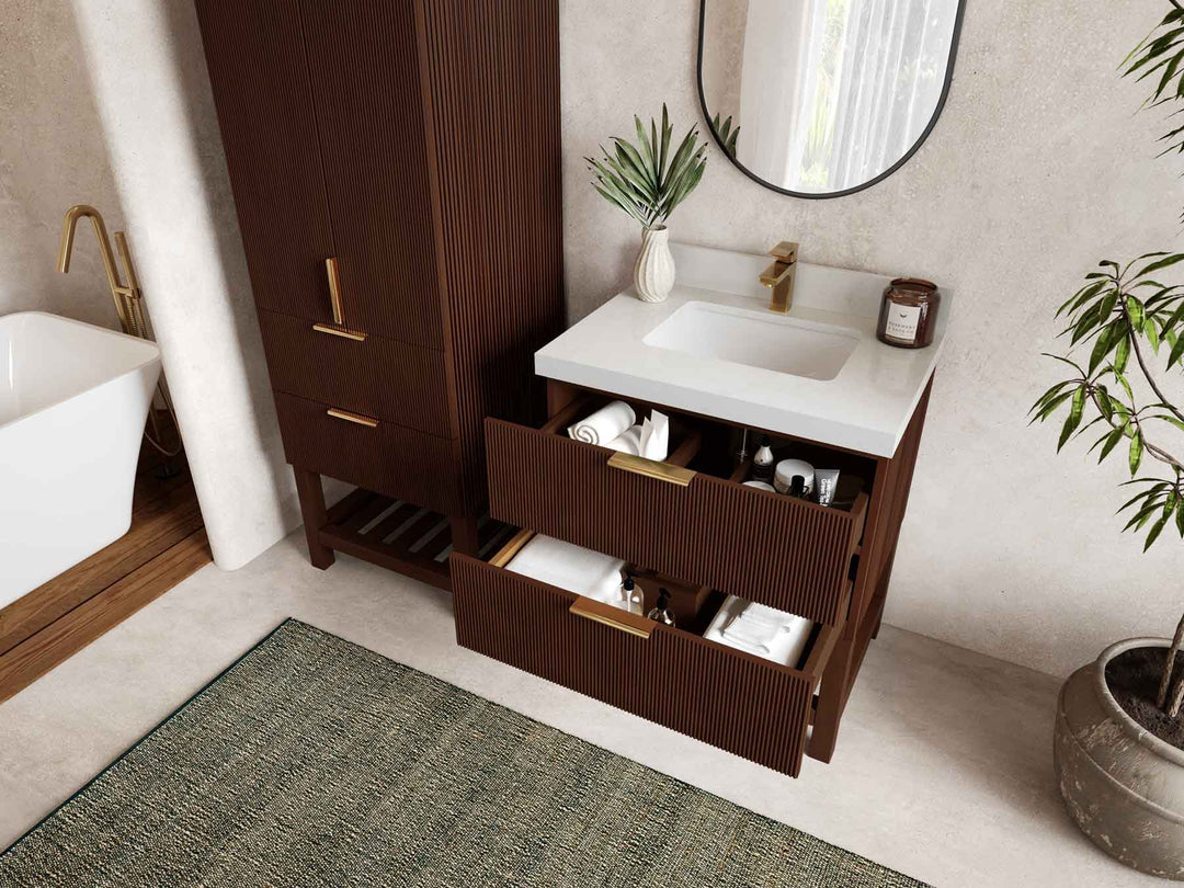 Catalina Teak 30 in W x 22 in D Free Standing Reeded Single Sink Bathroom Vanity