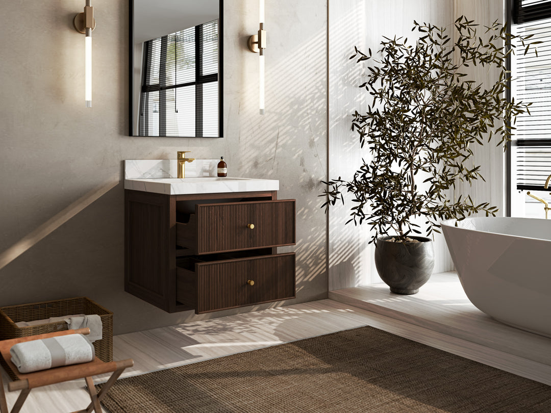 Sonoma Floating Teak 24 in. W x 22 in. D Single Sink Bathroom Vanity in Dark Walnut Finish with countertop - Side View