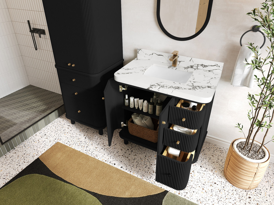 Miami 36 in. W x 22 in. D Center Sink Bathroom Vanity in Black with Countertop - Side View Open Drawer
