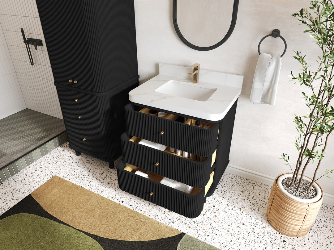 Miami 30 in. W x 22 in. D Single Sink Bathroom Vanity in Black with Countertop - Side View Open Drawer