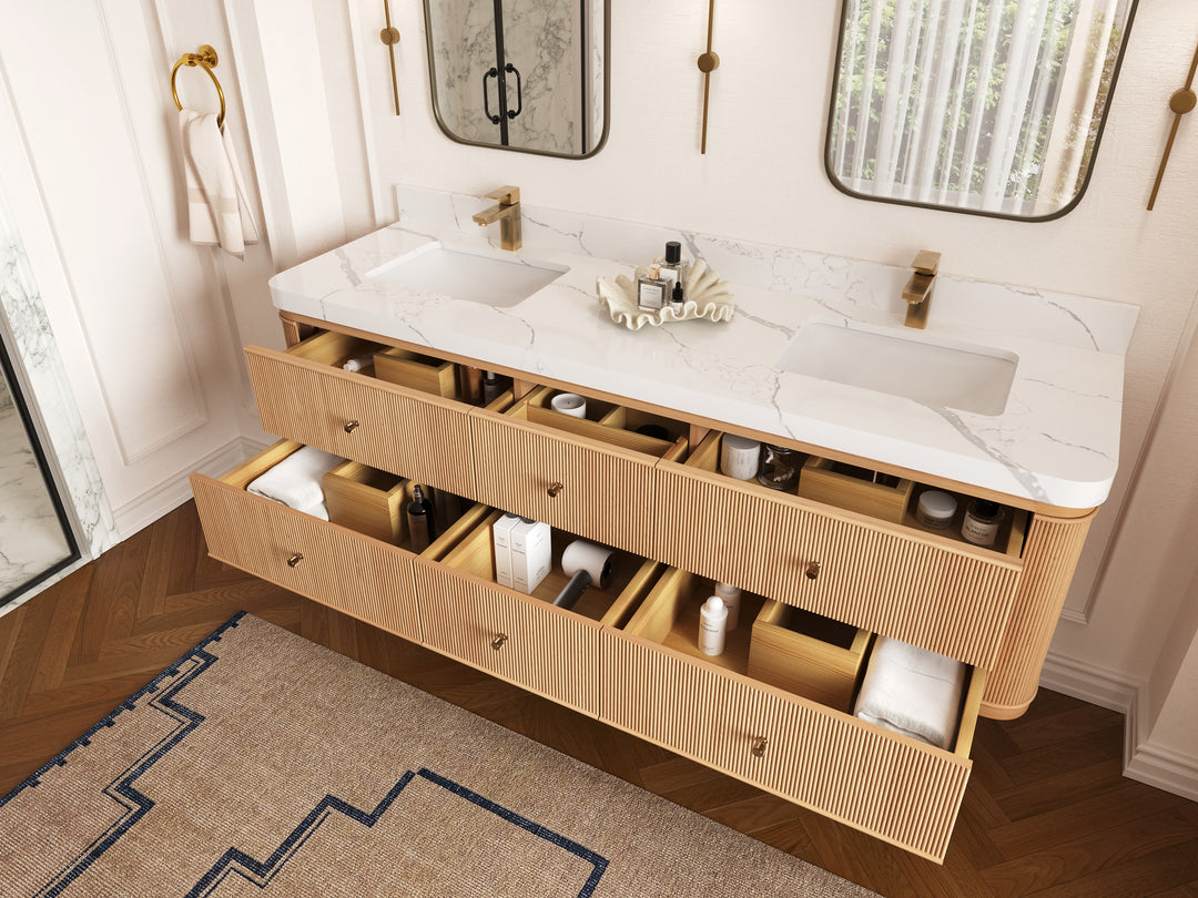 Hampton Floating White Oak 72 in. W x 22 in. D Double Sink Bathroom Vanity with Countertop - Side View Open Drawer