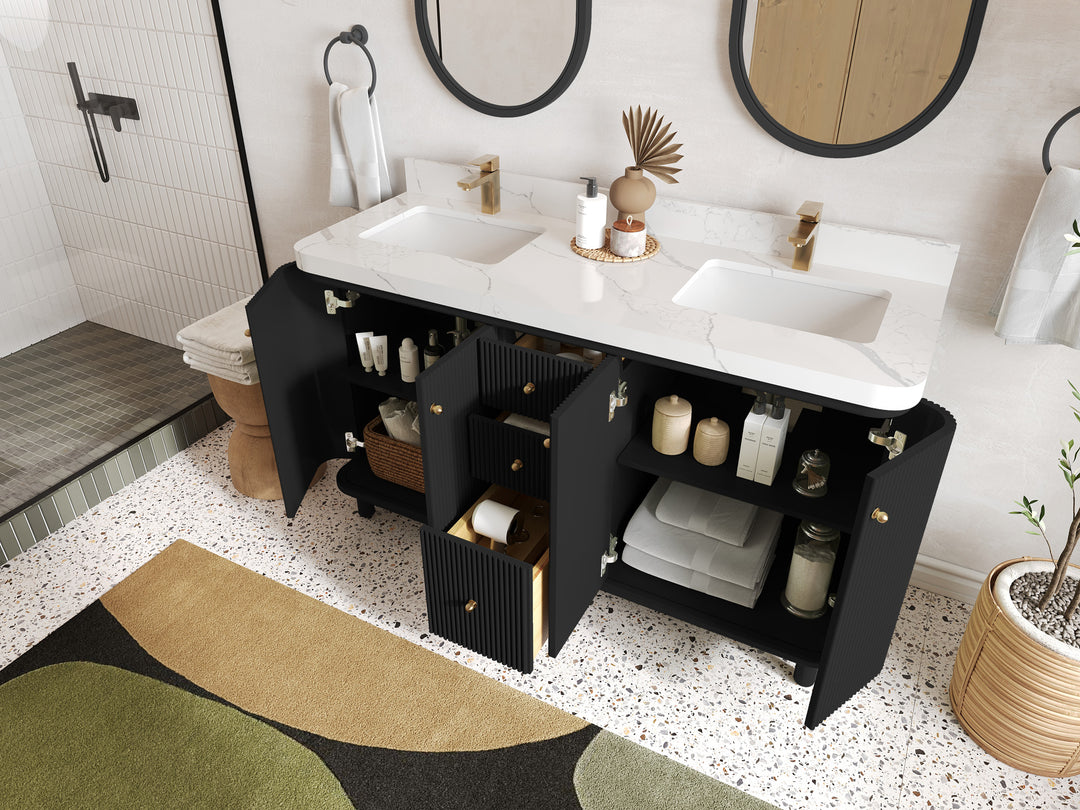 Miami 60 in. W x 22 in. D Double Sink Bathroom Vanity in Black with Countertop - Side View Open Drawer