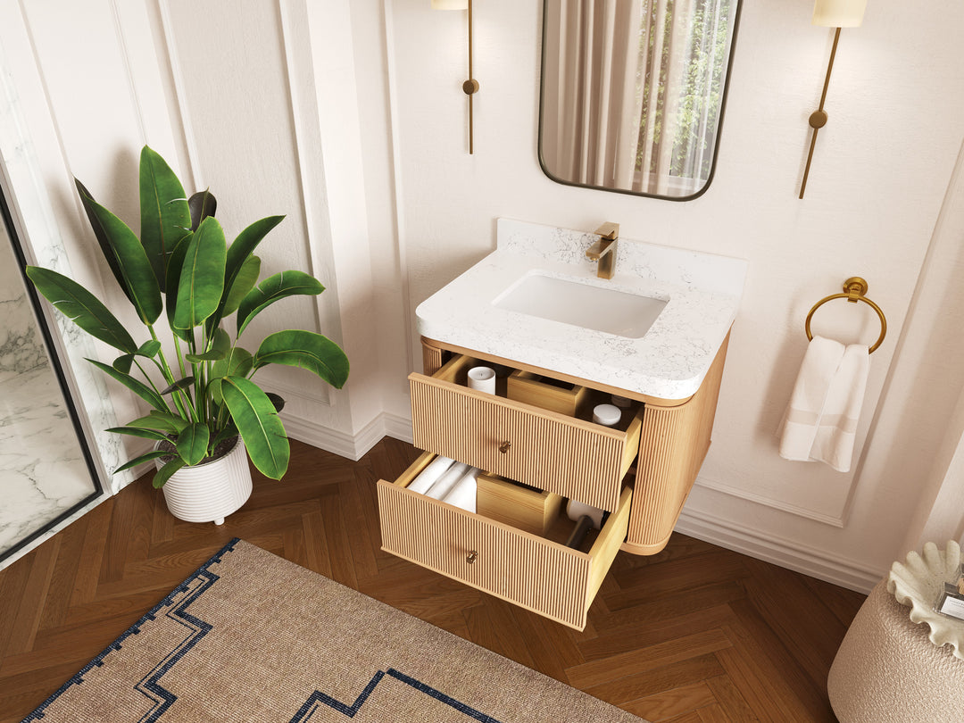 Hampton Floating White Oak 30 in. W x 22 in. D Single Sink Bathroom Vanity with Countertop - Side View Open Drawer