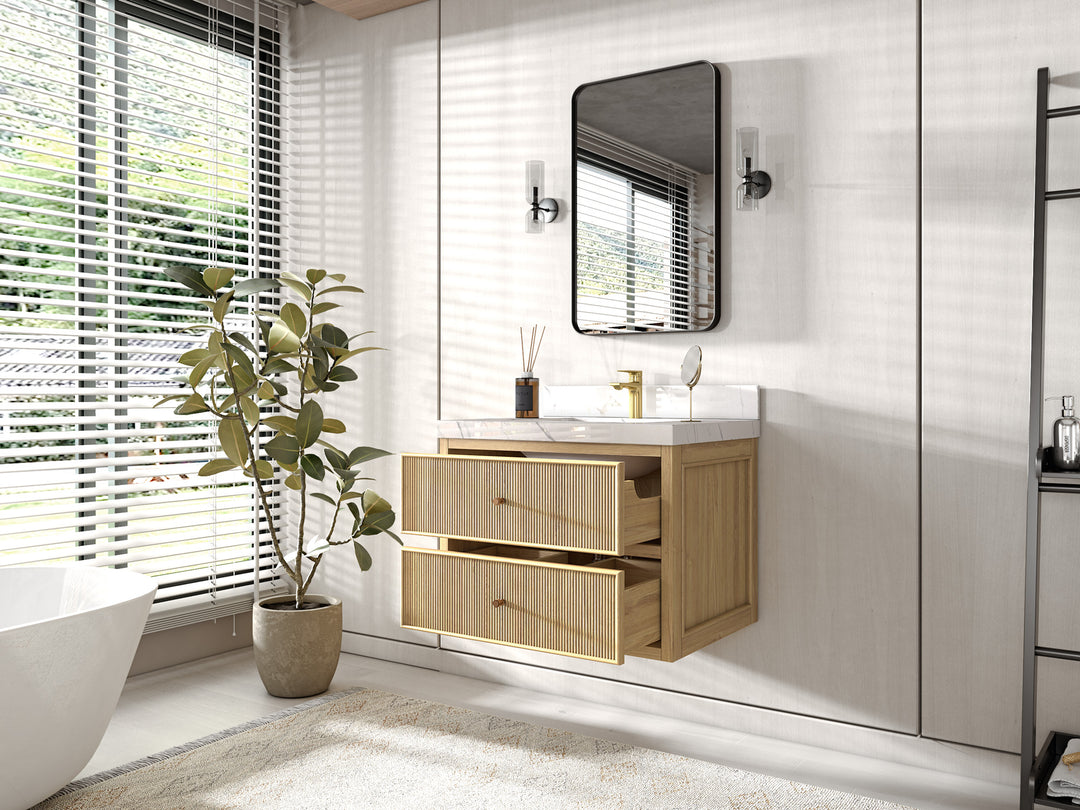 Sonoma Floating Teak 30 in. W x 22 in. D Single Sink Bathroom Vanity in Light Natural with countertop - Side View Open