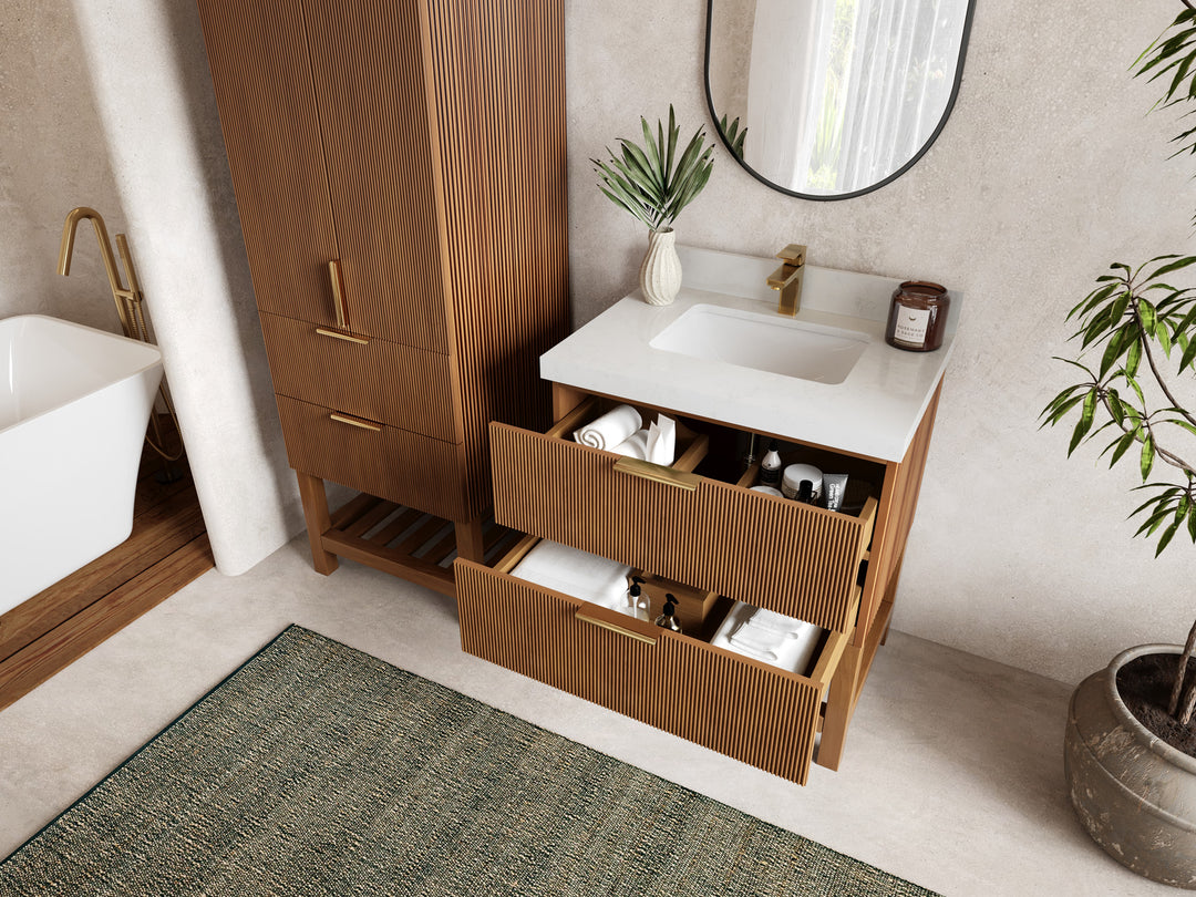Catalina Teak 30 in W x 22 in D Free Standing Reeded Single Sink Bathroom Vanity