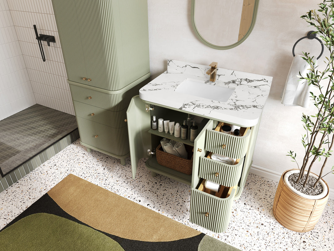 Miami 36 in. W x 22 in. D Center Sink Bathroom Vanity in Evergreen with Countertop - Side View Open Drawer