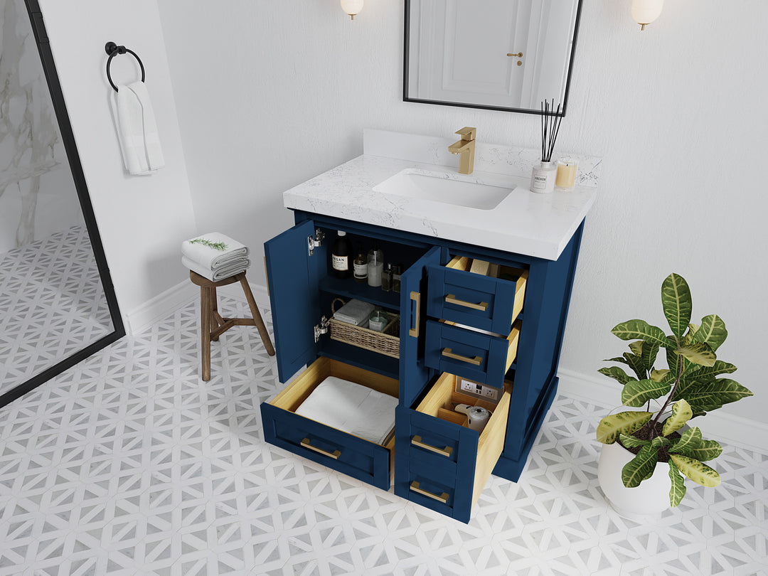 Boston 36 in. W x 22 in. D Single Sink Bathroom Vanity in Navy Blue with Countertop - Side View Open Drawer
