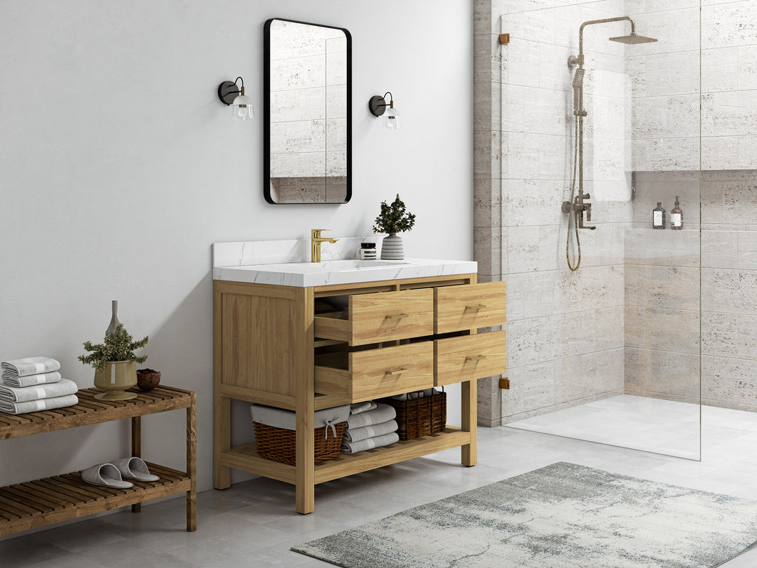 Parker Teak  42 in. W x 22 in. D Single Sink Bathroom Vanity in Light Natural  with Countertop - Side view Open drawer 