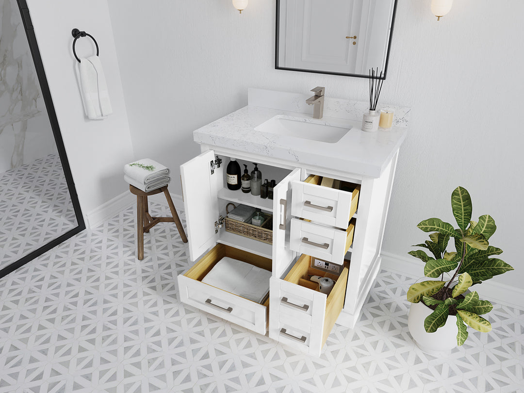 Boston 36 in. W x 22 in. D Single Sink Bathroom Vanity in White with Countertop - Side View Open Drawer