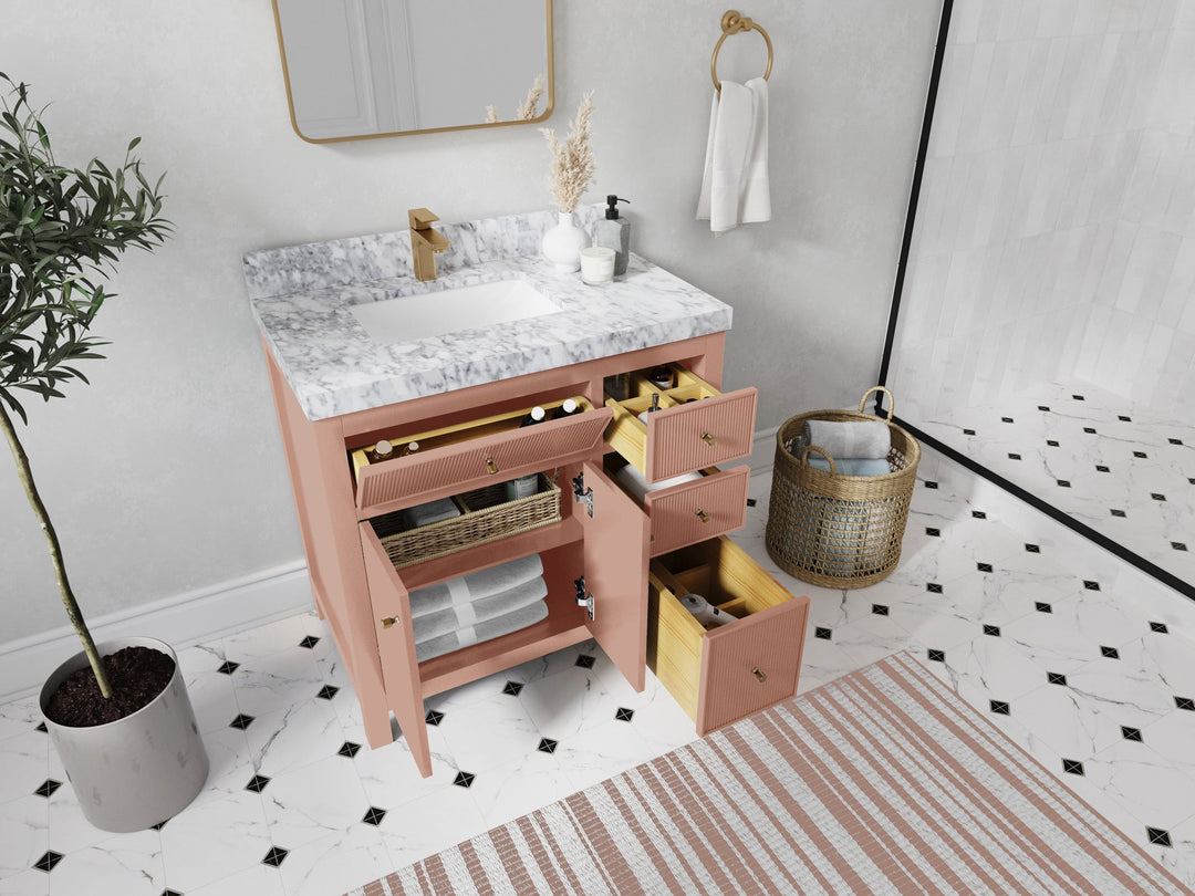 Sonoma 36 in. W x 22 in. D Left Offset Sink Bathroom Vanity in Warm Terracotta with countertop - Side View Open Drawer
