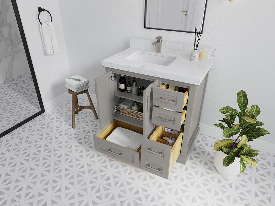 Boston 36 in. W x 22 in. D Single Sink Bathroom Vanity in Elephant Skin Gray with Countertop - Side View Open Drawer