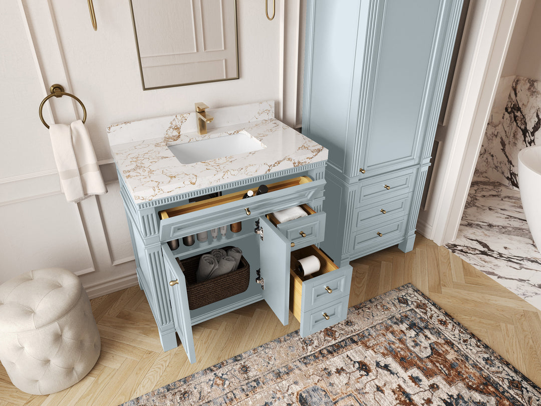 Paris 36 in. W x 22 in. D Center Sink Bathroom Vanity in  Blue Heather with Countertop - Side view Open drawer 