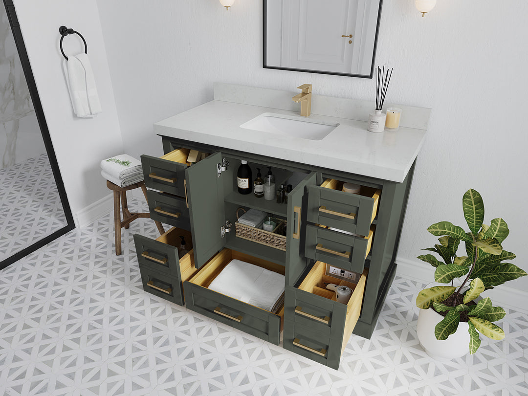 Boston 48 in. W x 22 in. D Single Sink Bathroom Vanity in Pewter Green with Countertop - Side View Open Drawer