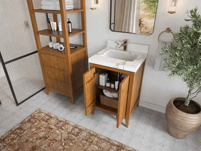 Atlanta Teak Wood 24-inch bathroom vanity with matching linen cabinet, doors open to show storage