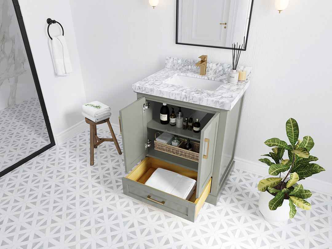 Boston 30 in. W x 22 in. D Single Sink Bathroom Vanity in Evergreen with Countertop - Side View Open Drawer