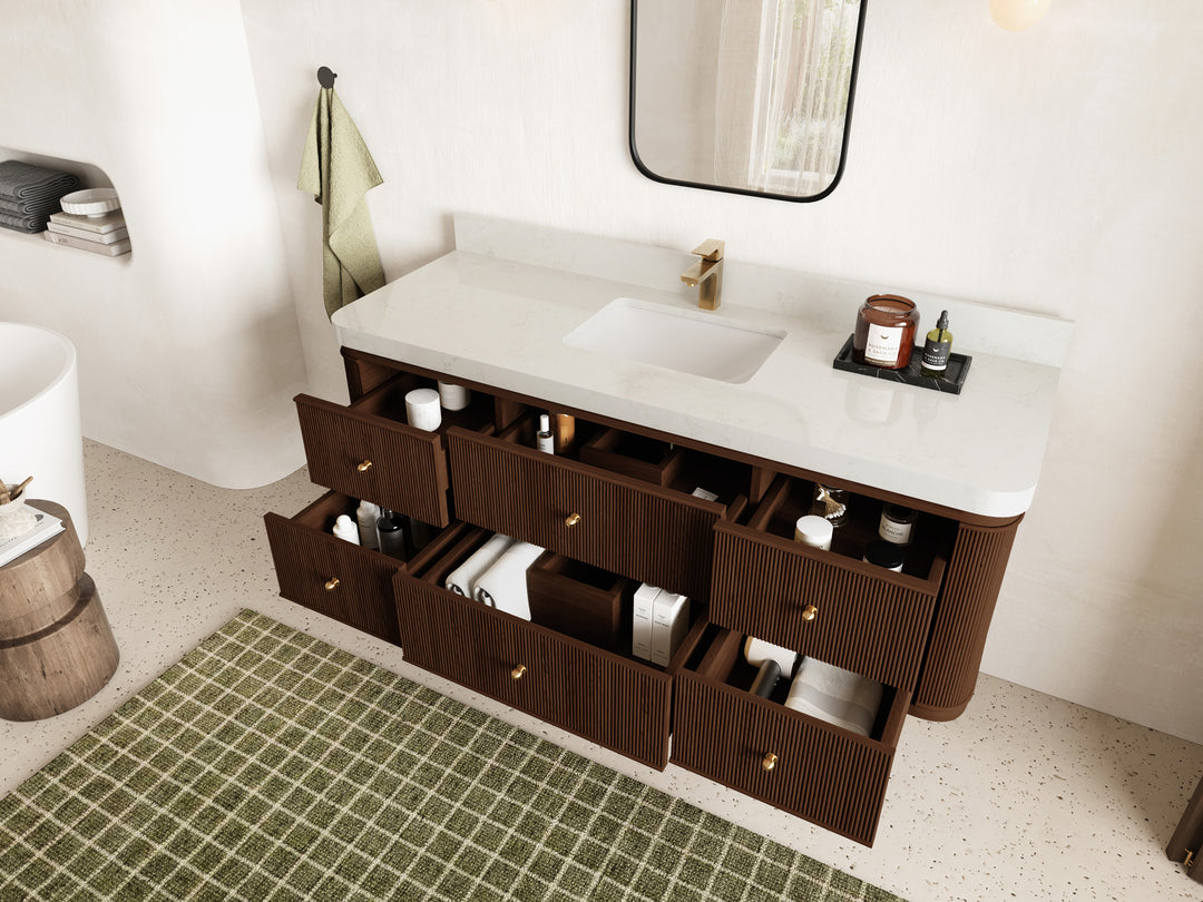 Hampton Floating Teak 60 in. W x 22 in. D Single Sink Bathroom Vanity with Countertop - Side View Open Drawer