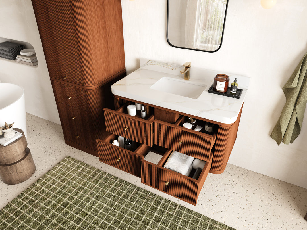 Hampton Floating Teak 42 in. W x 22 in. D Single Sink Bathroom Vanity with Countertop - Side View Open Drawer