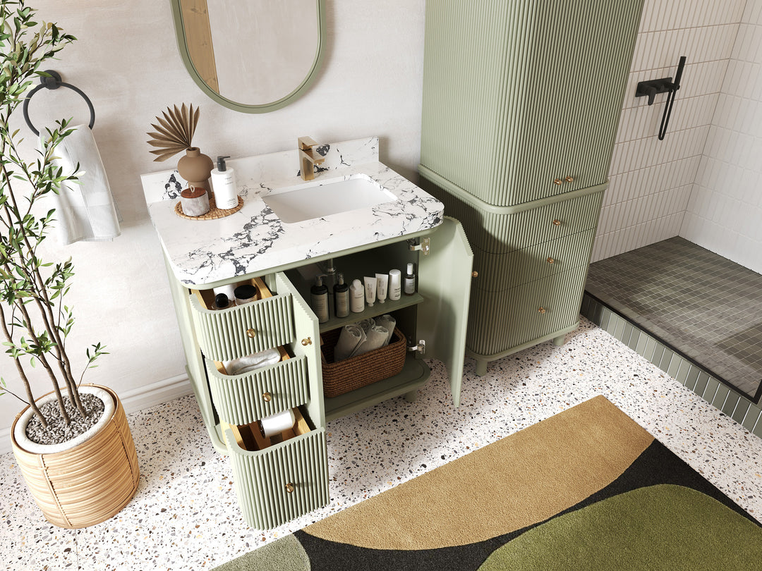 Miami 36 in. W x 22 in. D Right Offset Sink Bathroom Vanity in Evergreen with Countertop - Side View Open Drawer