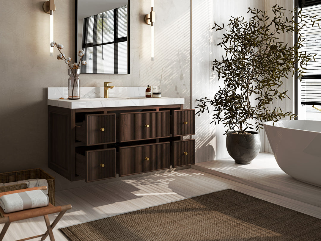Sonoma Floating Teak 42 in. W x 22 in. D Single Sink Bathroom Vanity in Dark Walnut Finish with countertop - Side View Open