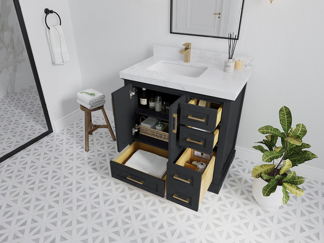 Boston 36 in. W x 22 in. D Single Sink Bathroom Vanity in Wrought Iron with Countertop - Side View Open Drawer